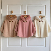 Girls Hooded Cape Coat with Faux Fur Trim, Toddler Fall Winter Poncho
