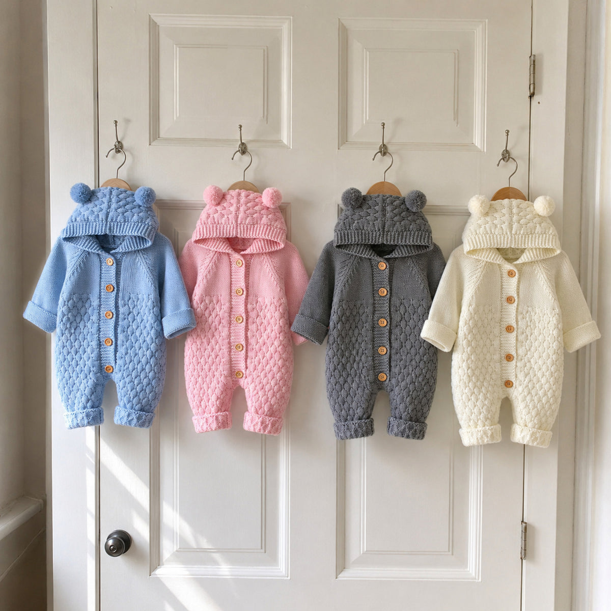 Four color options for hooded baby knit romper