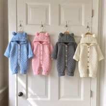 Baby Bear Ear Hooded Knit Romper with Wooden Buttons, 4 Colors