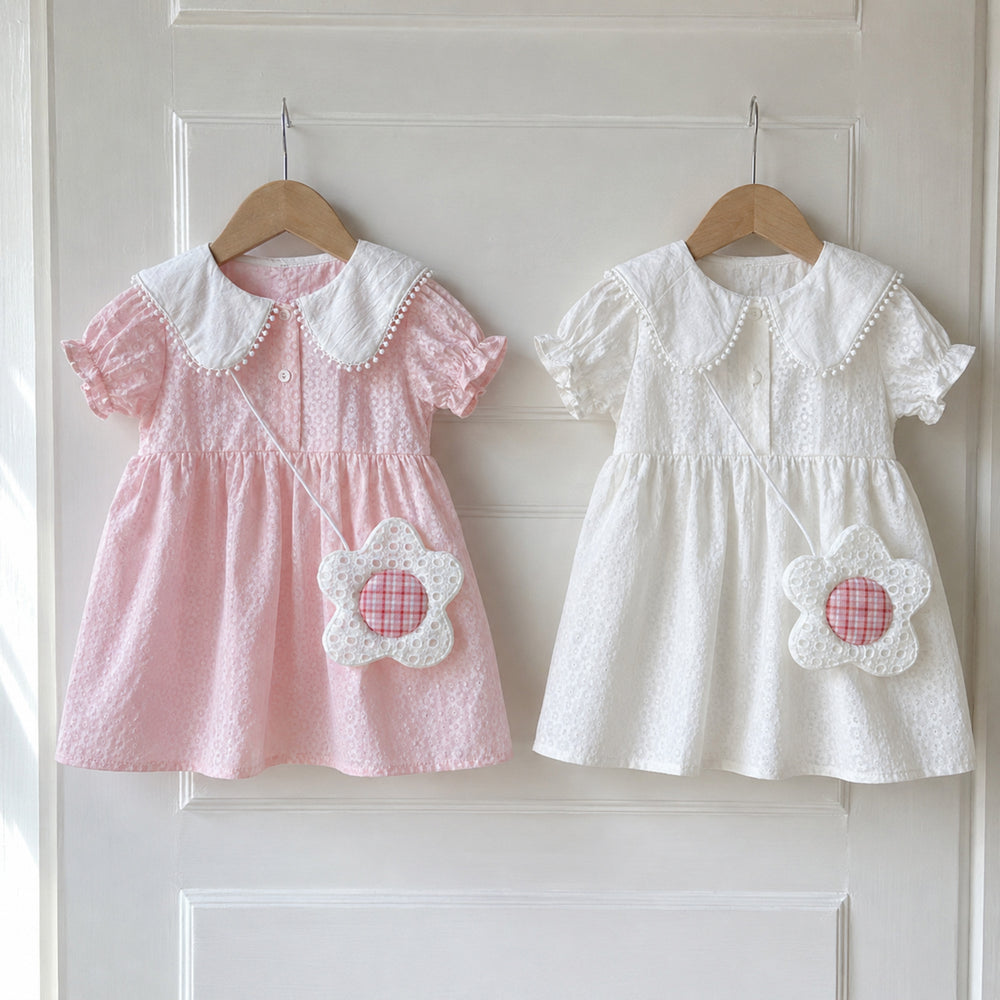 Girls Peter Pan Collar Summer Dress with Flower Pocket, Pink or White