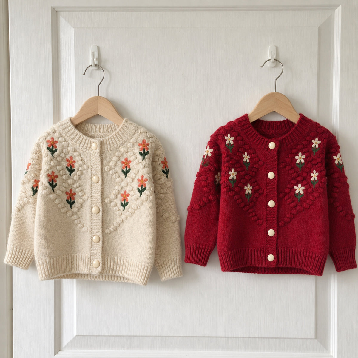 Beige and red girls cardigans hanging