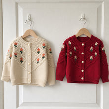 Girls Floral Embroidered Bobble Knit Cardigan, Beige or Red Back to School Sweater