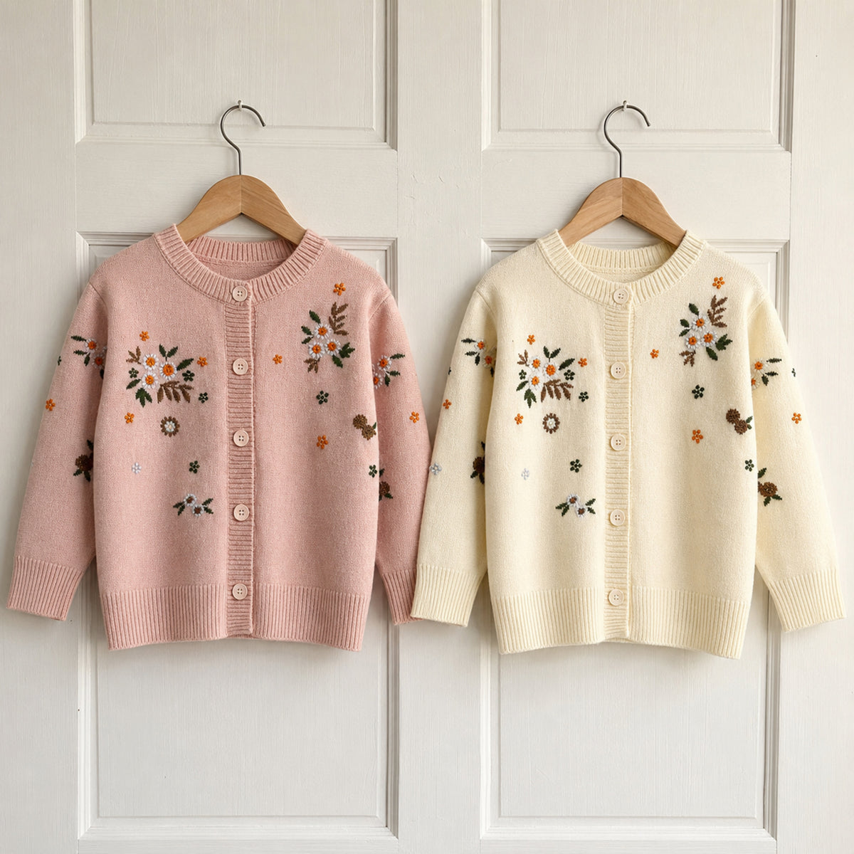 Pink and ivory girls cardigans hanging