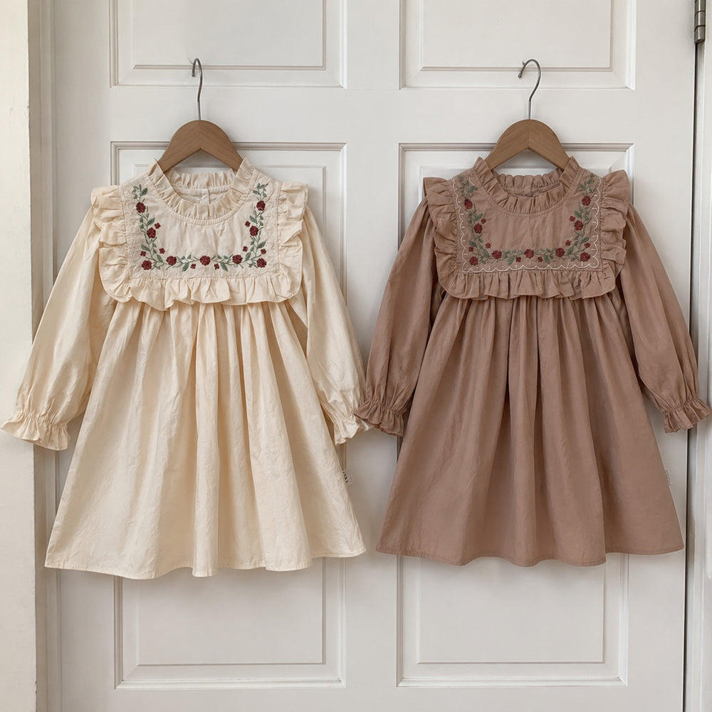 Girls Embroidered Ruffle Bib Cotton Dress, Long Sleeve Back to School Style