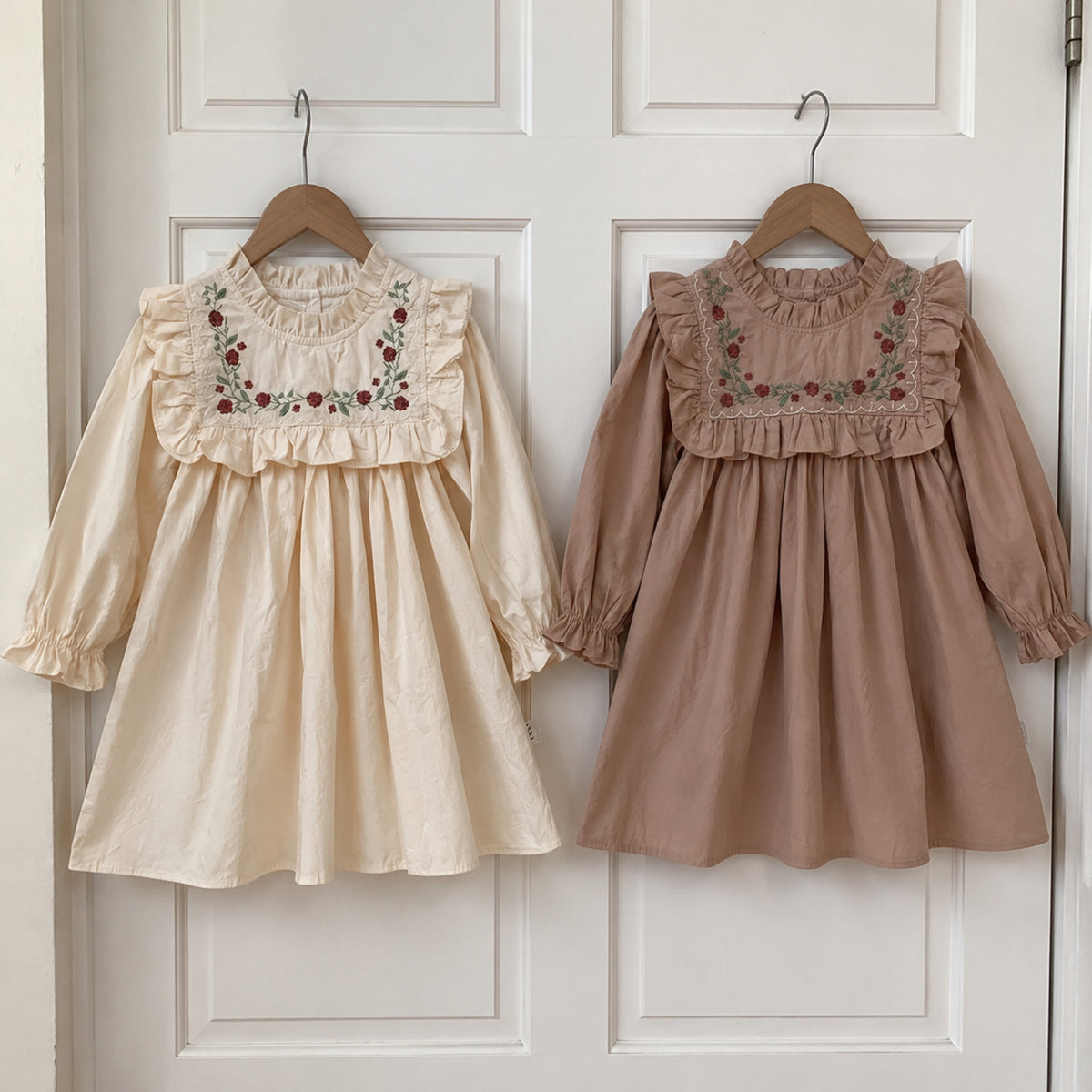 Apricot and khaki embroidered long sleeve dresses