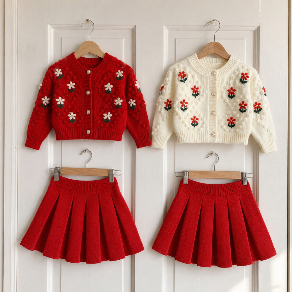 Two cardigan and red skirt options hanging