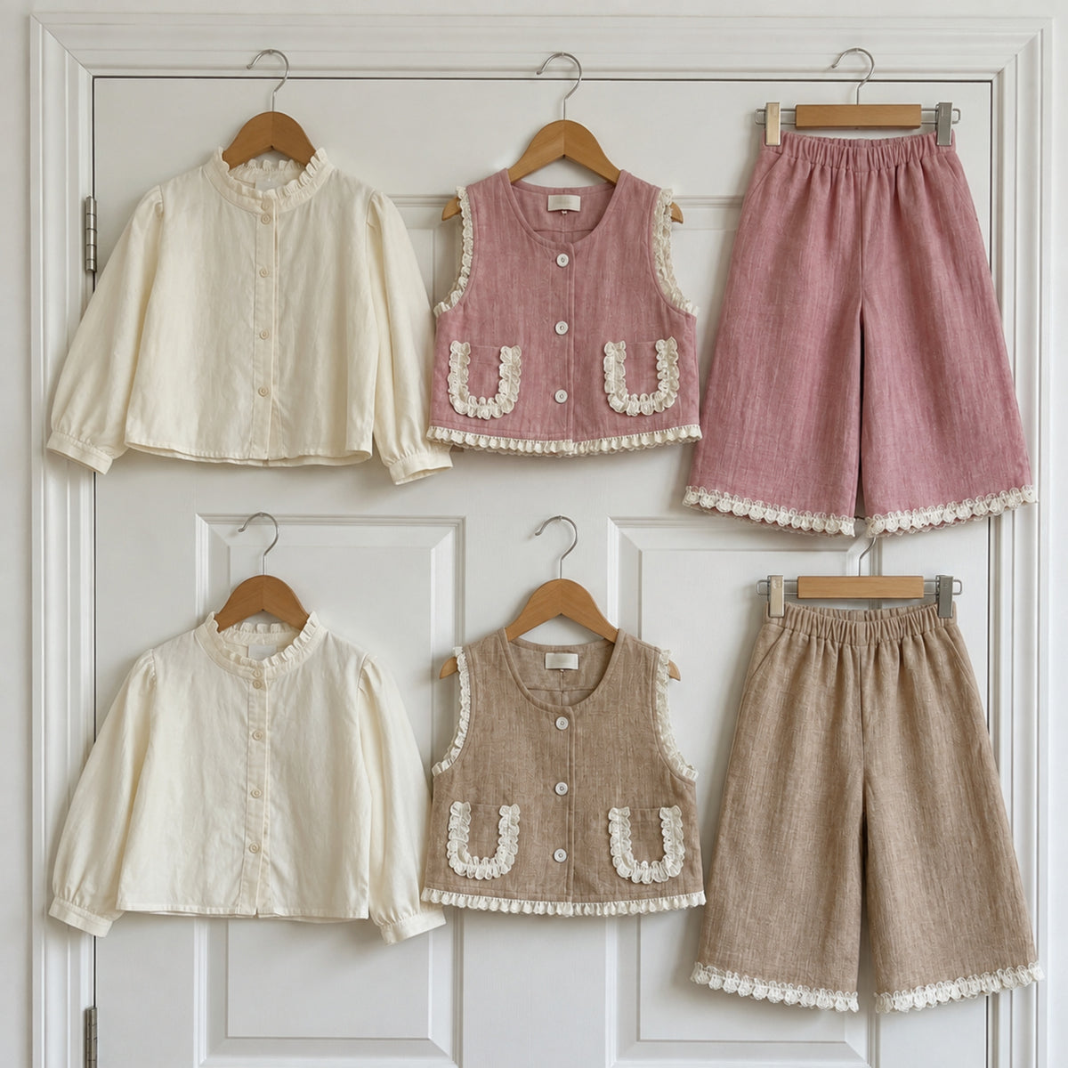 Pink and khaki vest blouse pants sets on hangers