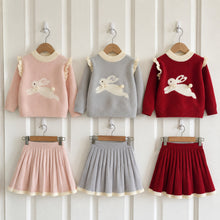 Girls Bunny Knit Pullover and Pleated Skirt, 2-Piece Back to School Outfit