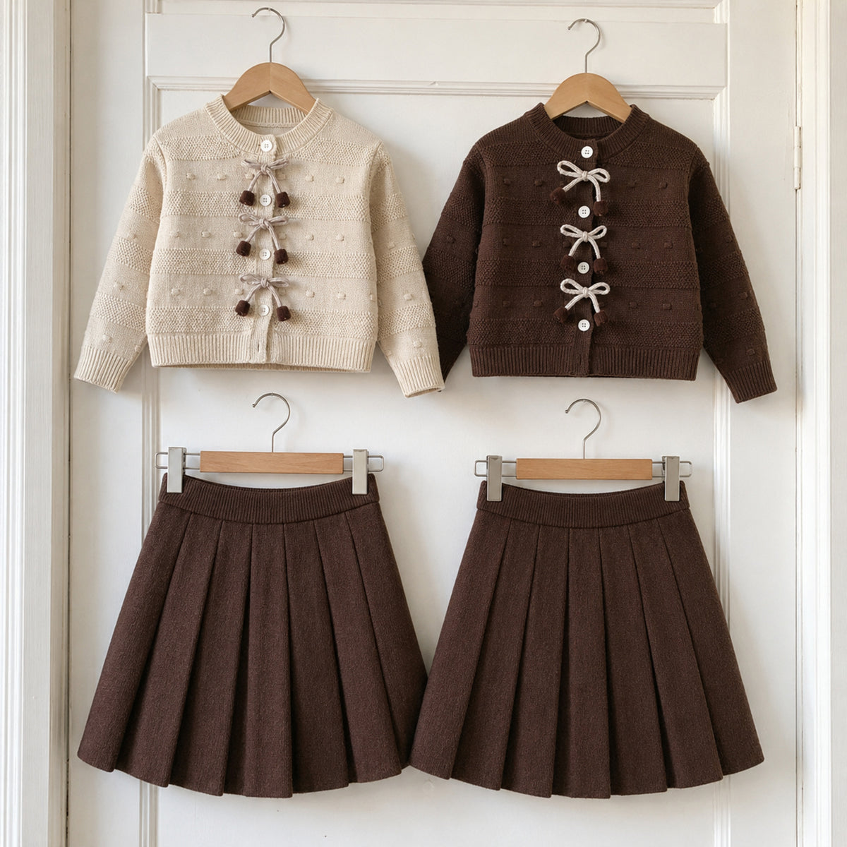 Ivory and brown cardigan skirt options on hangers