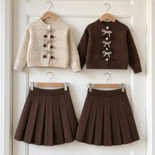 Girls Bow Knit Cardigan and Pleated Skirt, 2-Piece Back to School Outfit