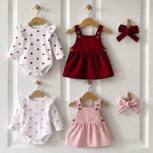 Baby Girl Heart Romper and Corduroy Pinafore Dress Set with Bow Headband