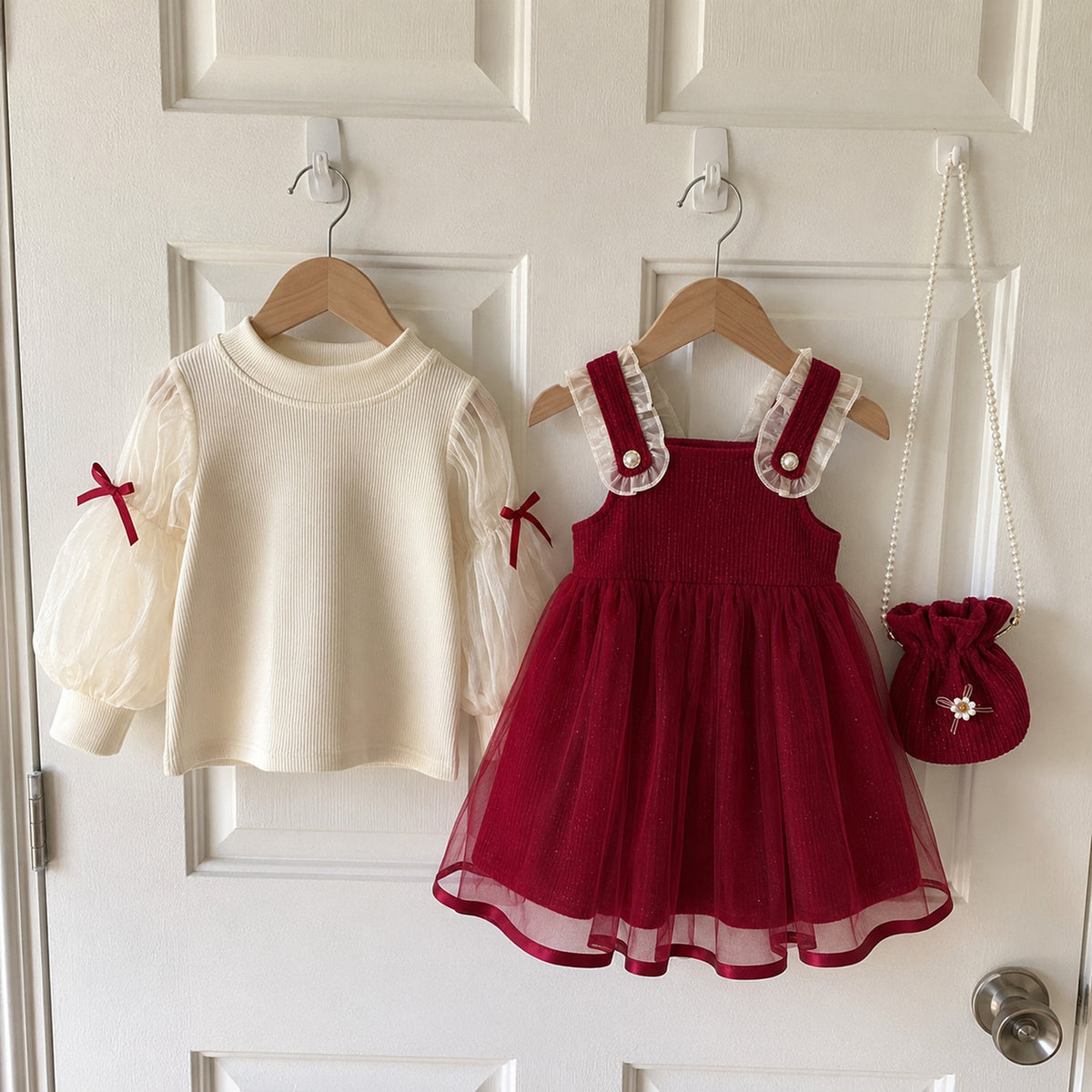 Ivory puff-sleeve top, red pinafore and mini purse hanging separately