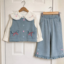 Girls Denim Vest, Lace Collar Blouse and Wide-Leg Pants, 3-Piece Back to School Outfit