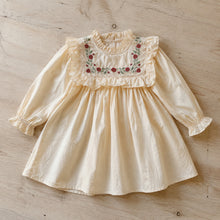 Girls Embroidered Ruffle Bib Cotton Dress, Long Sleeve Back to School Style