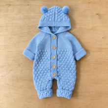 Baby Bear Ear Hooded Knit Romper with Wooden Buttons, 4 Colors