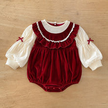 Baby Girl Red Velvet Bubble Romper with Ivory Puff Sleeves and Ruffle Collar