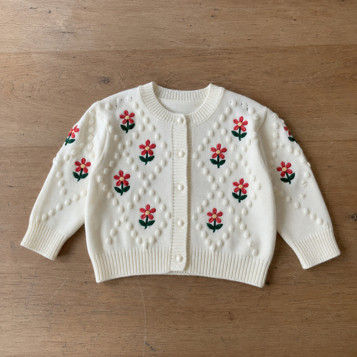 Ivory flower embroidered bobble knit cardigan