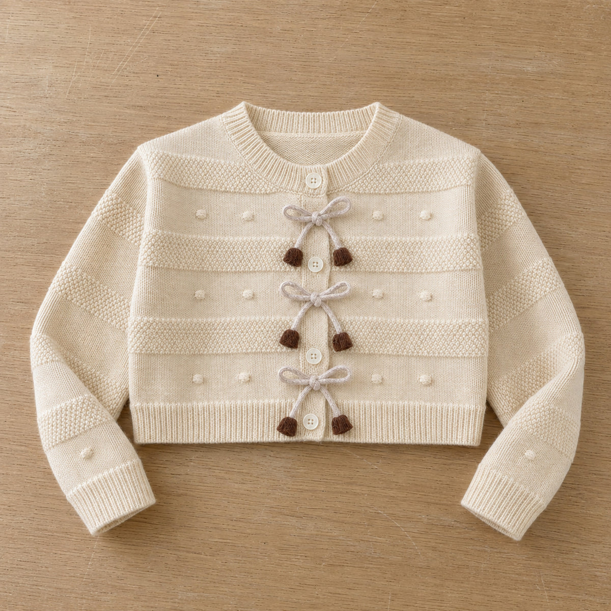 Ivory textured bow cardigan flat lay