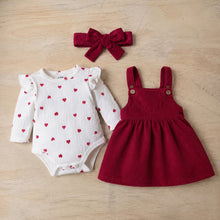 Baby Girl Heart Romper and Corduroy Pinafore Dress Set with Bow Headband