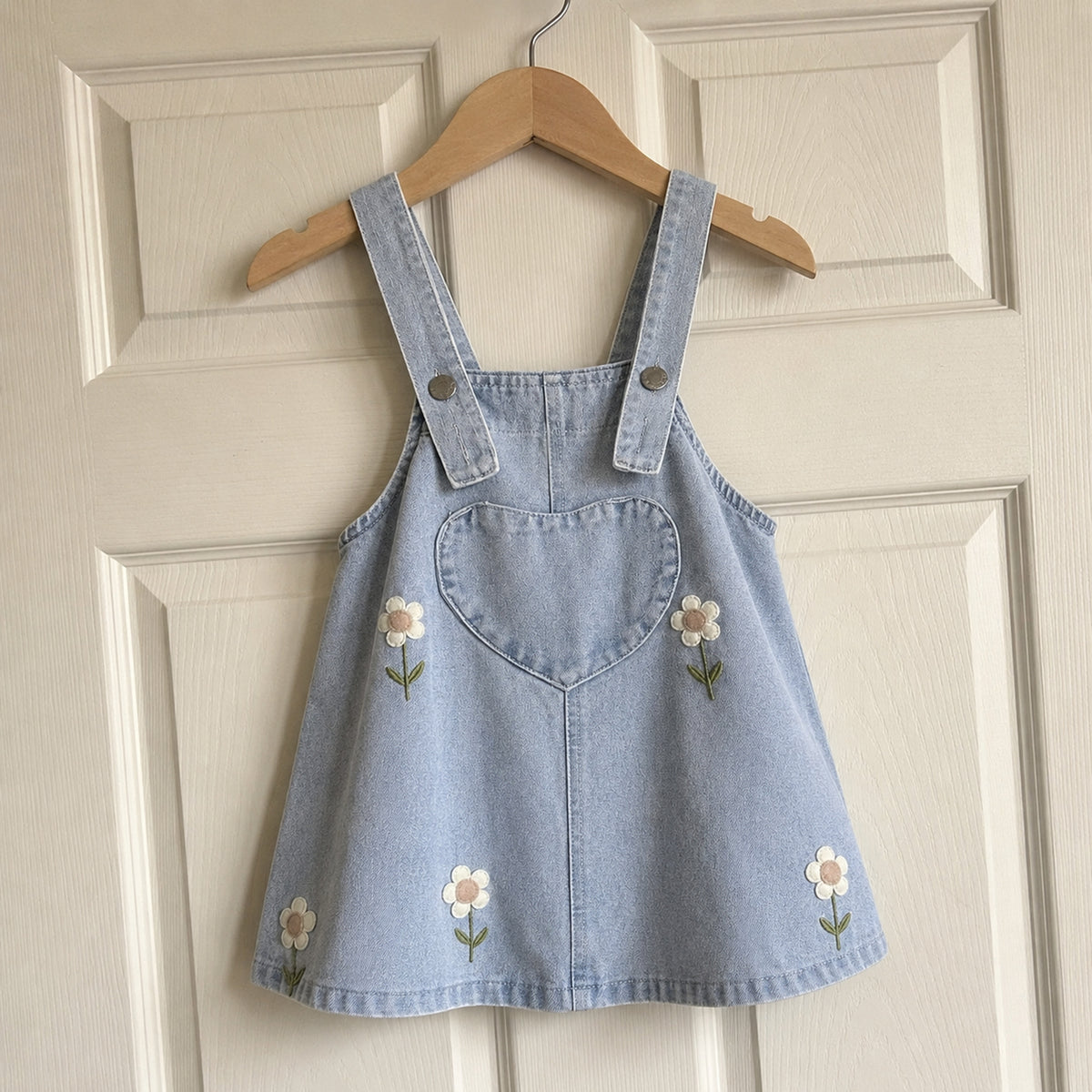 Light-wash floral denim pinafore dress hanging on a wooden hanger