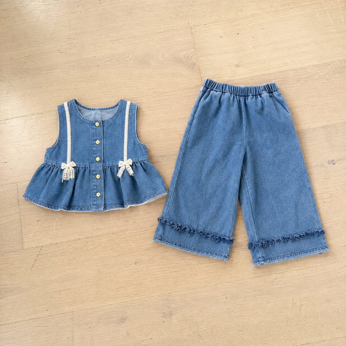Denim peplum vest and wide leg pants two piece set