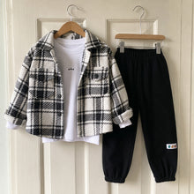 Boys Plaid Shacket, White T-Shirt and Black Jogger Pants, 3-Piece Back to School Set
