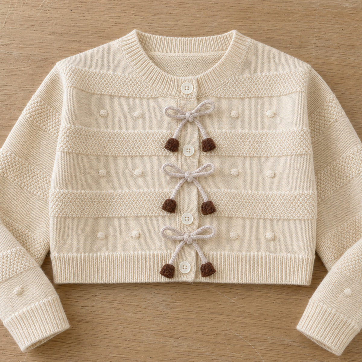 Cord bow tassel and pearl button knit detail