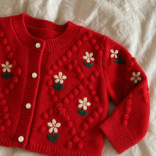 Toddler Girl Fall Outfit, Floral Knit Cardigan & Red Pleated Skirt Set