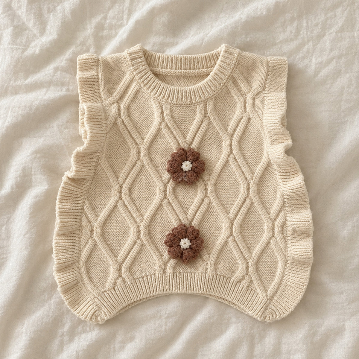 Warm ivory cable-knit sweater vest with coffee flower appliques