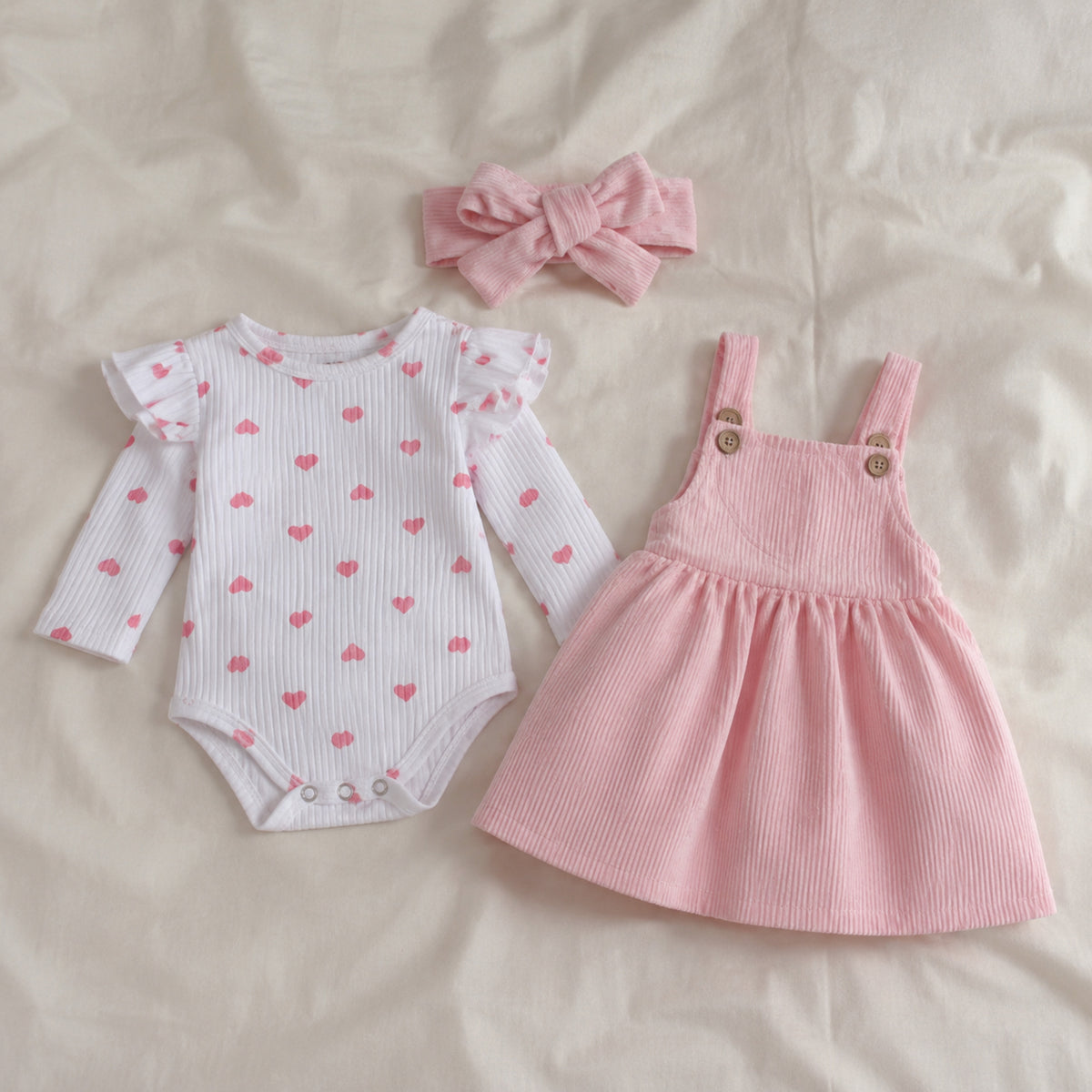 Blush pink heart romper pinafore and headband set