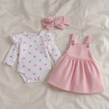 Baby Girl Heart Romper and Corduroy Pinafore Dress Set with Bow Headband