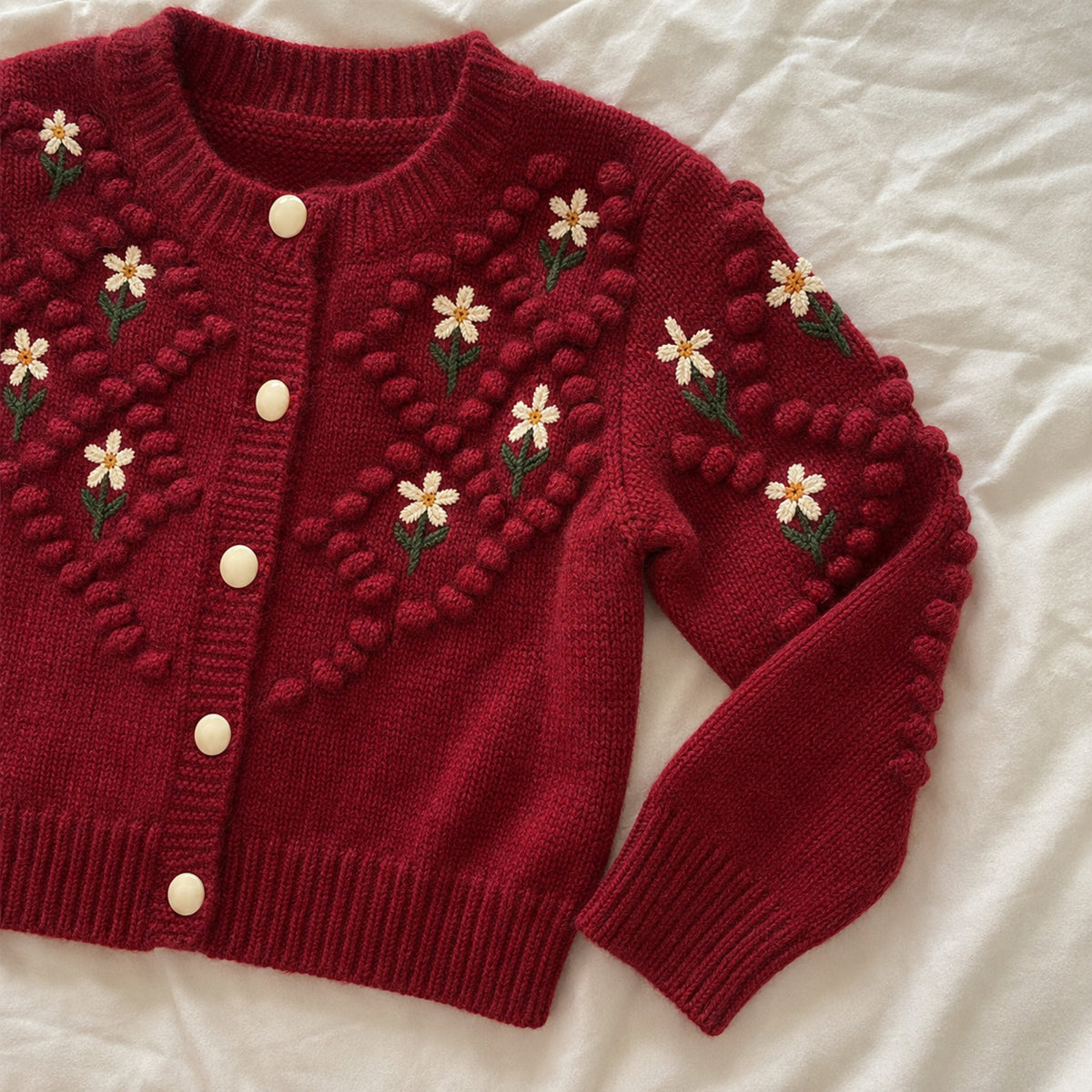 Red cardigan bobble knit and embroidery detail