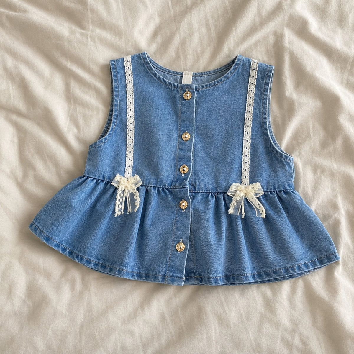 Denim vest lace pearl trim and peplum detail
