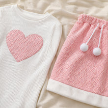 Girls Pink Heart Top and Textured Skirt Set, 2-Piece Back to School Outfit
