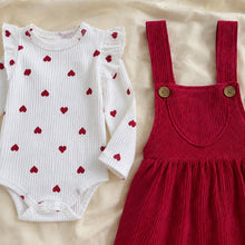 Baby Girl Heart Romper and Corduroy Pinafore Dress Set with Bow Headband