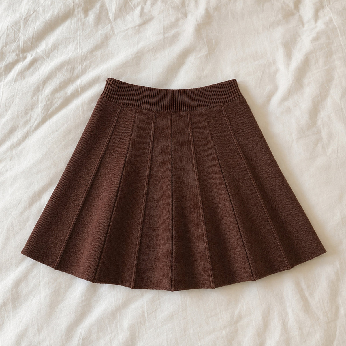 Coffee brown elastic waist pleated knit skirt