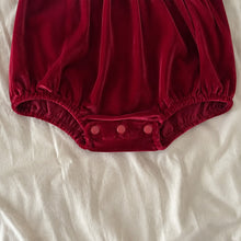 Baby Girl Red Velvet Bubble Romper with Ivory Puff Sleeves and Ruffle Collar