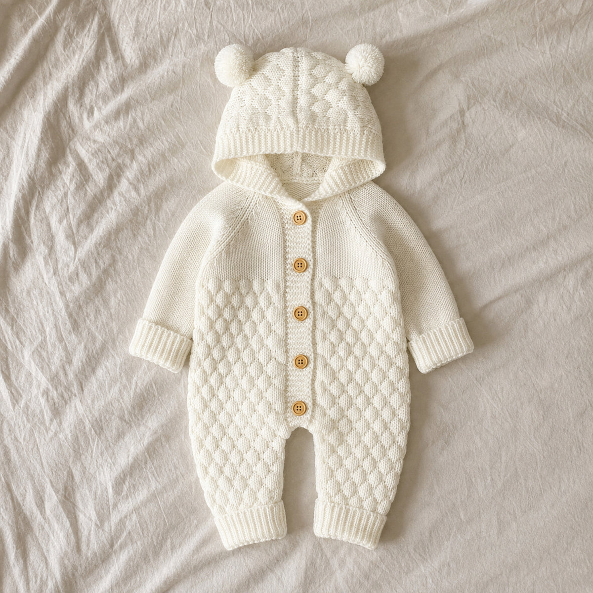 Creamy white hooded baby knit romper flat lay