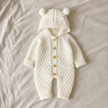 Baby Bear Ear Hooded Knit Romper with Wooden Buttons, 4 Colors