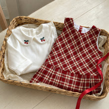 Girls Red Plaid Jumper Dress and Cherry Embroidered Peter Pan Collar Top Set