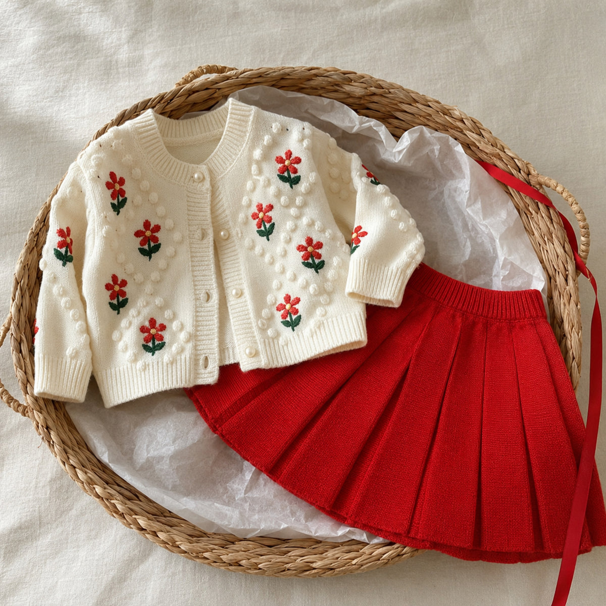 Ivory cardigan and red skirt gift arrangement