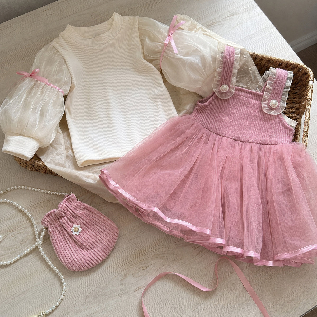 Girls dusty pink pinafore three-piece set arranged as a gift