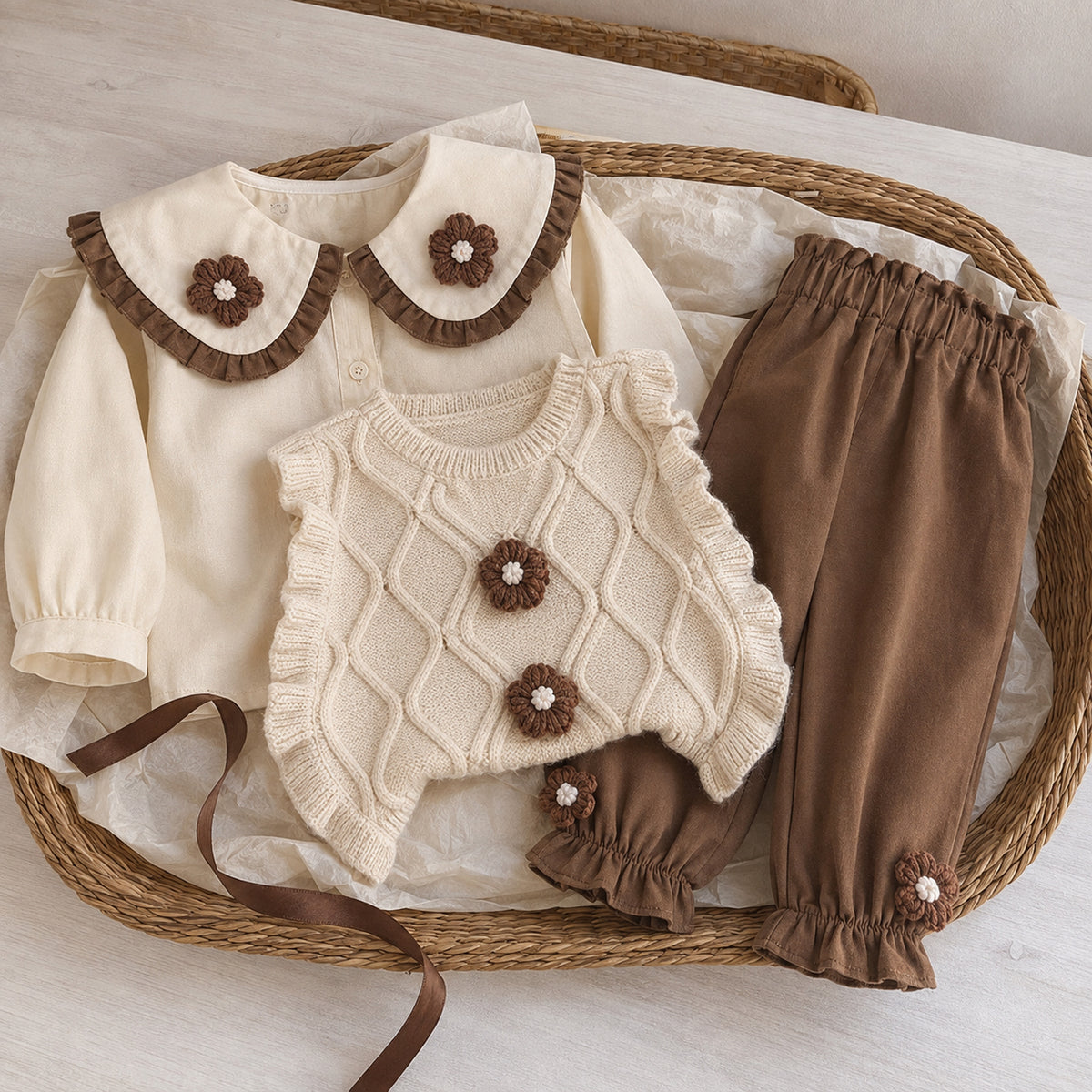 Girls warm ivory sweater vest three-piece set arranged as a gift