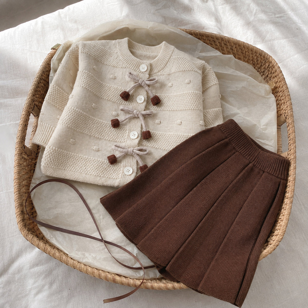 Ivory cardigan and brown pleated skirt gift arrangement