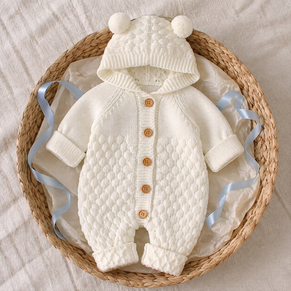 Hooded knit baby romper gift arrangement