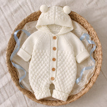 Baby Bear Ear Hooded Knit Romper with Wooden Buttons, 4 Colors