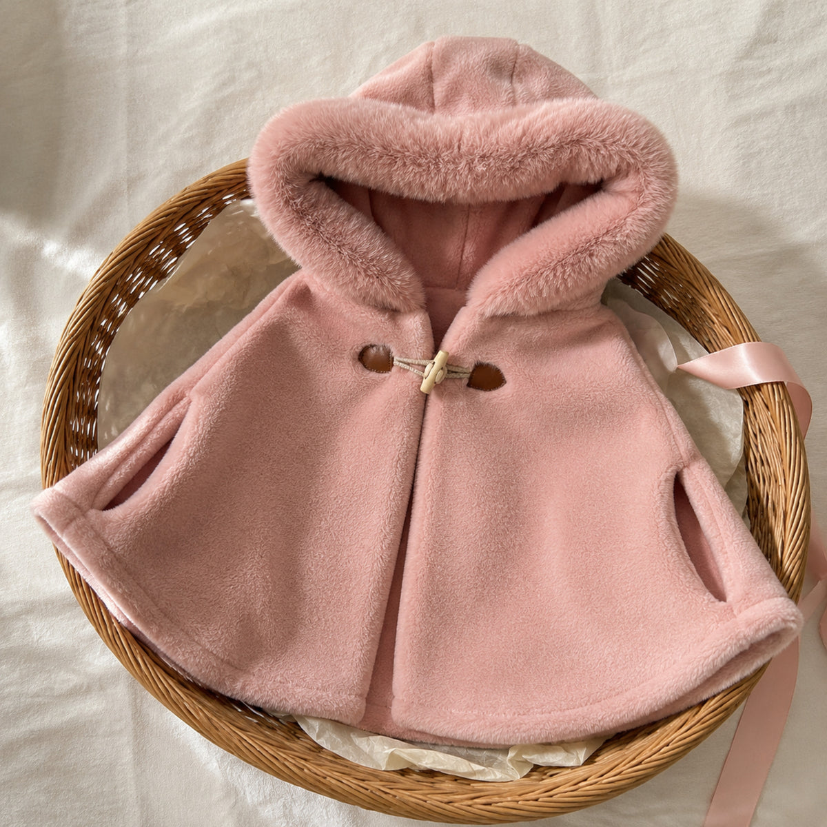 Dusty pink toddler cape arranged as a gift