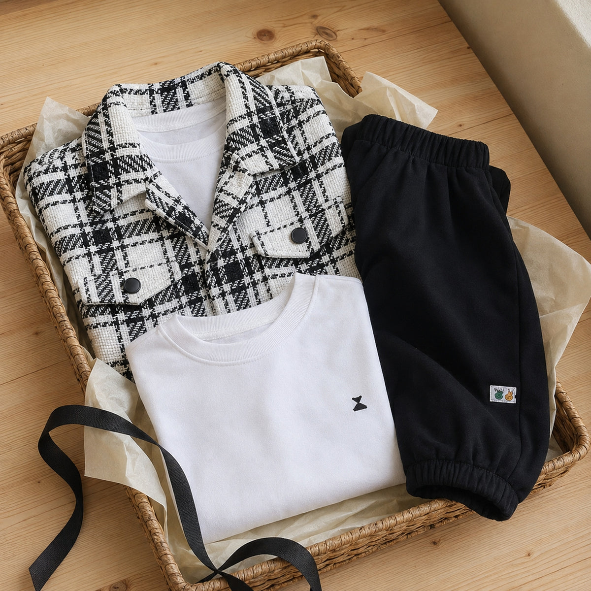 Boys plaid three-piece outfit arranged as a gift