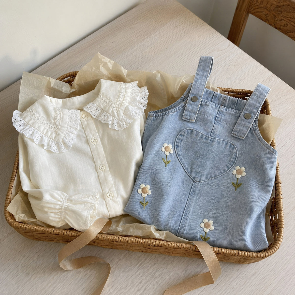 Girls floral denim pinafore and lace blouse arranged as a thoughtful gift
