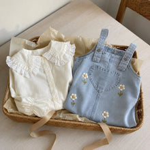 Girls Denim Pinafore Dress, Lace Ruffle Blouse Two-Piece Set, Back to School Outfit